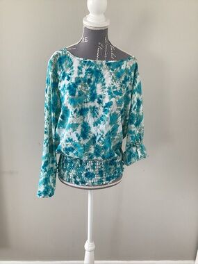 Michael Kors Tie-Dye Teal Smocked-Hem Women's Top (Small)